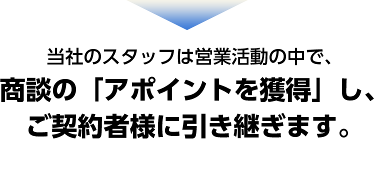 当社のスタッフは営業活動の中で、商談の「アポイントを獲得」し、ご契約者様に引き継ぎます。